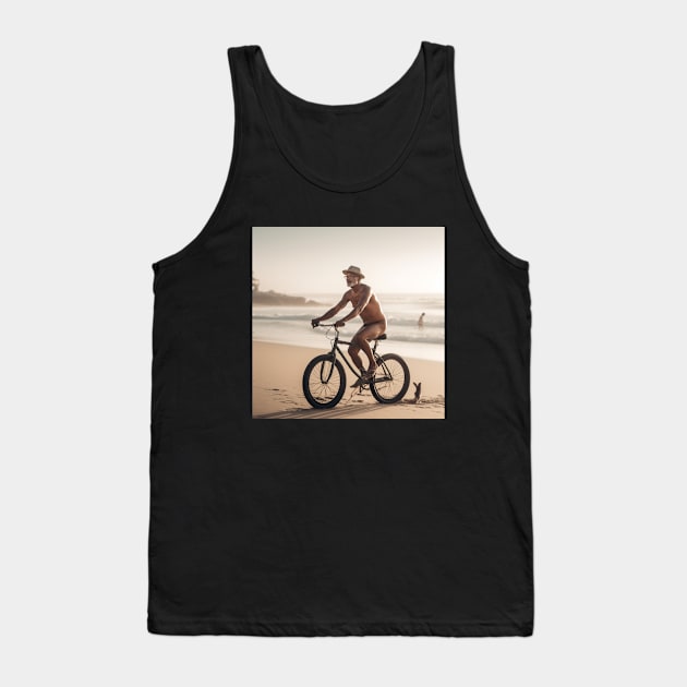 Elderly jolly man on bicycle riding on beach Tank Top by KOTYA